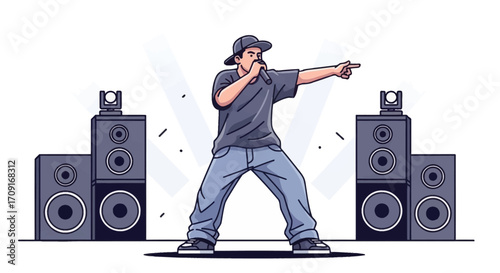 Flat vector of a rapper on stage with big speaker