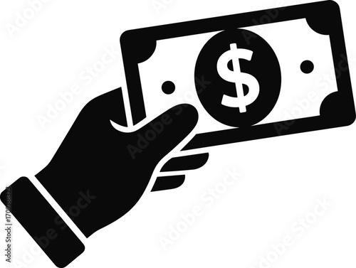 Hand holding dollar banknote icon illustration representing payment, cash transaction, finance, banking, savings, business investment, income, budget planning, economy, wealth, and money concept