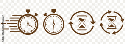 Timers and clock icon set. Time line symbol. Containing clock, stopwatch, hourglass and more Vector illustration. Timers icon set on transparent background. eps 10