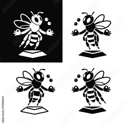 Four black and white minimalist vector illustrations of a cartoon bee meditating or juggling spheres while floating above a geometric platform.