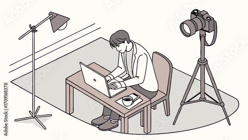 Person working on laptop in a studio setting with camera and lighting equipment.