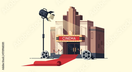 Minimalist flat vector illustration of an old Hollywood cinema with vintage film reels, red carpet, and retro spotlight, symbolizing classic movie stars