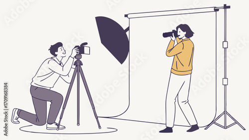 Photo shoot in studio photographer and model professional photography studio lighting camera equipment.