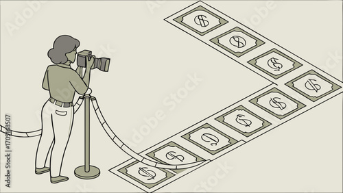 Photographer taking pictures film roll with money symbols earning money from photography money making illustration.