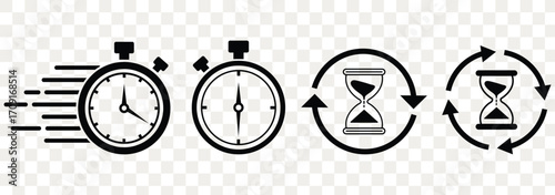 Timers and clock icon set. Time line symbol. Containing clock, stopwatch, hourglass and more Vector illustration. Timers icon set on transparent background. eps 10