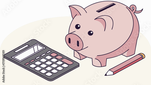 Piggy bank calculator pencil savings finance budget money accounting finance illustration financial planning investment wealth economy banking business cartoon graphic design iso.