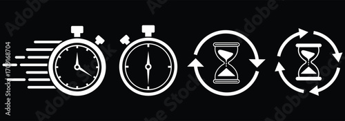 Timers and clock icon set. Time line symbol. Containing clock, stopwatch, hourglass and more Vector illustration. Timers icon set on transparent background. eps 10