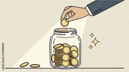Saving money coins in a jar financial growth wealth investment business concept illustration.