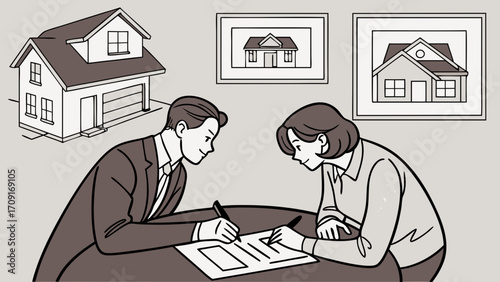 Signing a Real Estate Contract Couple Buying a House Illustration.