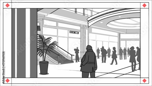 Shopping mall interior people walking escalator modern architecture grayscale illustration commercial space retail design architectural sketch indoor scene public space urban design cr.