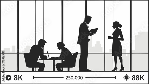 Silhouette of business people working in modern office near large window with city view.