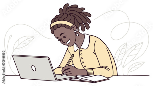 Smiling woman working on laptop and notebook illustration freelance remote work home office study productivity digital nomad technology online learning creative work writing note-taki.