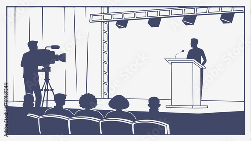 Speaker at Podium Filmed by Cameraman with Audience.