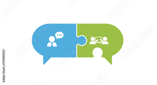 Dynamic collaboration puzzle pieces forming communication bubbles connect ideas for successful teamwork and business strategy, Generative AI.