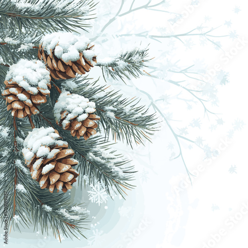 Frosty Pine Branch with Pinecones in Winter Wonderland , vector style simple color