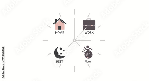 Balancing life's essentials: dedicated work cherished home time restful sleep and joyful play for a fulfilling existence, Generative AI.