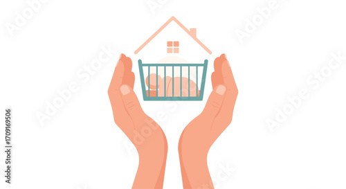 Gentle hands cradle a baby's crib within a protective house symbol representing safety care and home, Generative AI.