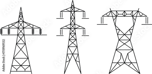 High voltage electricity transmission tower vector illustration, power line pylons, energy