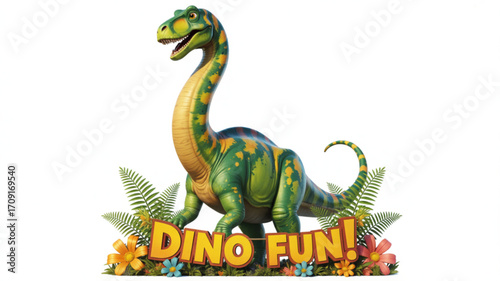 Dinosaur illustration of a cute brachiosaurus with dino fun text for kids and children learning images