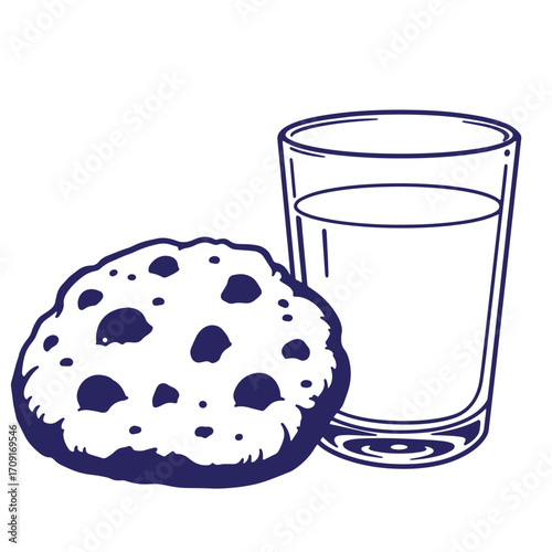 Delicious chocolate chip cookie alongside a full glass of milk cartoon illustration