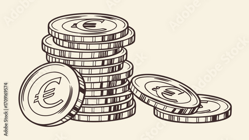 Stack of euro coins hand drawn illustration currency money finance wealth banking economy business investment savings budget payment transaction coin coins money illustration fin.