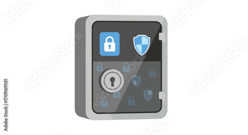 Secure digital vault concept with glowing lock icons and shield emblems symbolizing data protection and cybersecurity, Generative AI.