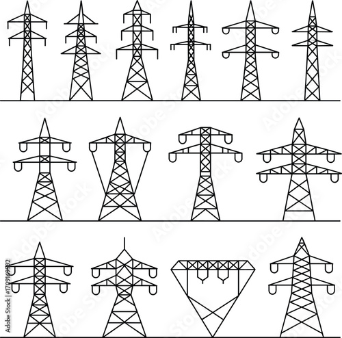 High voltage electricity transmission tower vector illustration, power line pylons, industrialt
