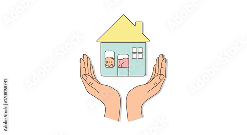 Gentle hands cradle a nurturing home with a sleeping baby inside symbolizing protection family and security, Generative AI.
