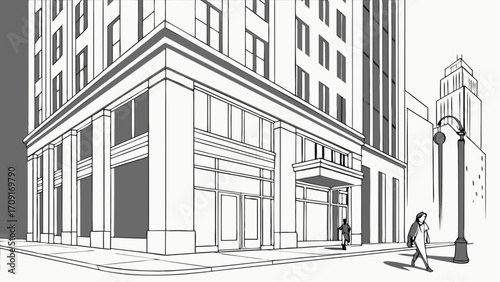 Street scene illustration urban architecture city buildings grayscale drawing pedestrians walking modern cityscape architectural design building facade storefront street lamp line art.