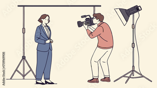 Studio filming professional interview videographer shooting woman in suit film production video recording broadcasting news report television media corporate video business interview.