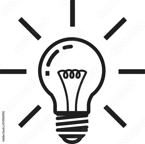 Light bulb vector illustration, glowing lamp icon design, creative idea symbol, innovation energy concept, electricity power graphic, black and white outline drawing