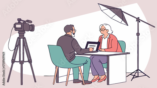 Studio Interview Film Production Two People Talking Video Recording Professional Setting Camera on Tripod Lighting Equipment Business Meeting Discussion Conversation Interview Setting.