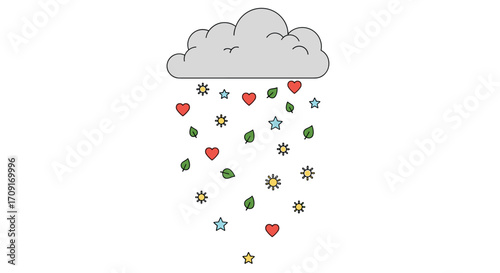 Whimsical cloud showers delightful hearts stars suns and leaves bringing joy and wonder to any creative project, Generative AI.