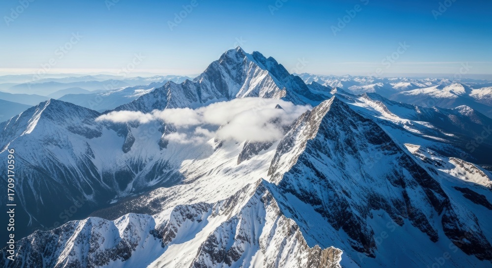Obraz premium Aerial view of snow covered mountain range under a clear blue sky with some clouds around the peaks
