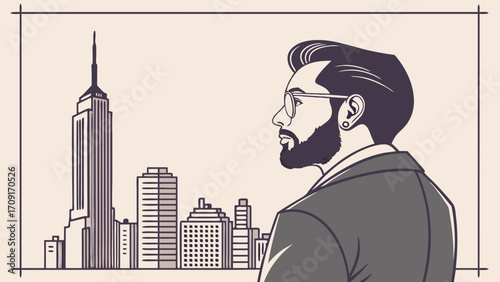 Stylish Man Silhouette Against City Skyline Vector Illustration Modern Business Profile.