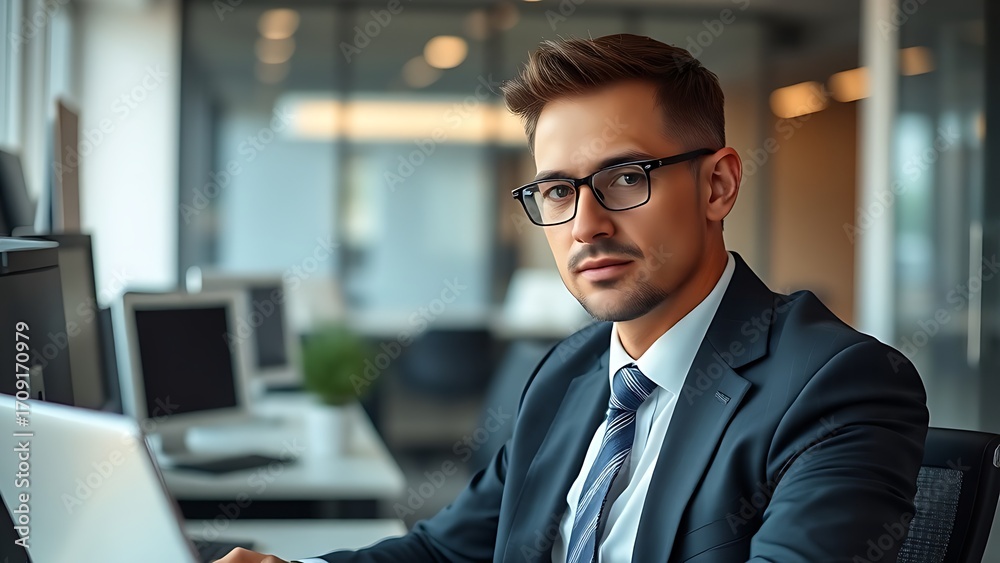 Fototapeta premium A business professional in formal attire works intently at a modern desk with soft window lighting.