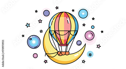 Whimsical hot air balloon floats among stars and moons inspiring dreams and imaginative adventures, Generative AI.