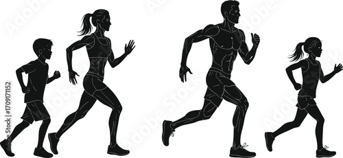 Silhouette of family running together, father mother son daughter jogging, fitness lifestyle concept, healthy activity, outdoor exercise, sport training illustration