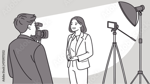 Video production studio interview filming cameraman woman presenter professional business broadcasting television news media corporate communication talking speaking interviewee.