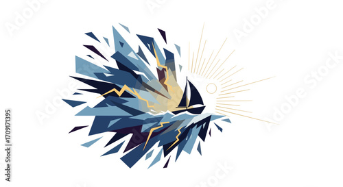 Determined sailboat navigates stormy abstract waves with golden sunburst symbolizing hope and triumph over adversity, Generative AI.