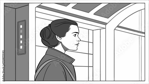 Woman in profile view standing in a modern hallway grayscale illustration comic book style.