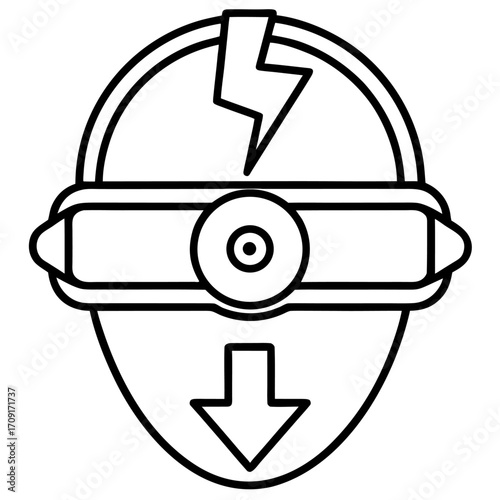 Headset with lightning bolt and down arrow symbolizing focus shift and technological innovation outlined in black and white