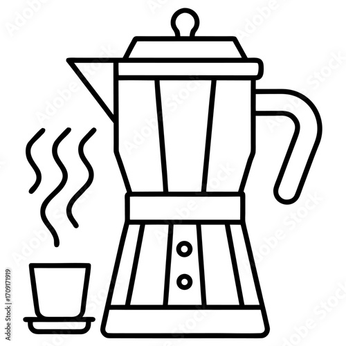 Black and white illustration of an Italian coffee maker with a cup and steaming coffee