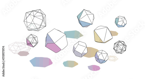 Dynamic geometric shapes with subtle pastel gradients and wireframe outlines cast soft shadows evoking modern design and abstract concepts, Generative AI.