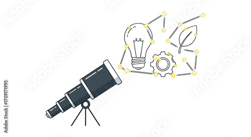 Discovering innovative ideas and solutions through exploration and strategic planning with a telescope focusing on lightbulbs gears and leaves, Generative AI.