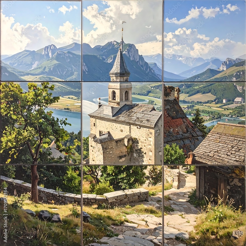 Fototapeta premium Panoramic jigsaw puzzle of a scenic mountain village with a church