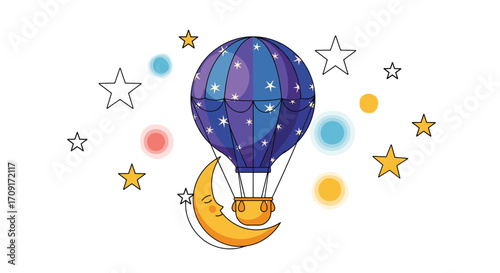 Dreamy hot air balloon adventure with sleeping moon and twinkling stars perfect for whimsical children's stories and creative projects, Generative AI.