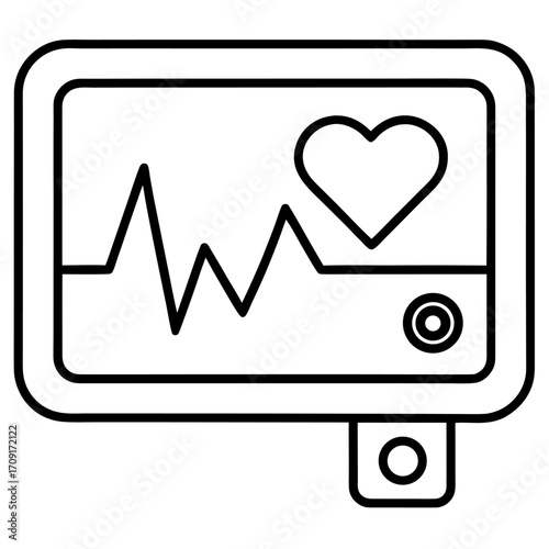 Medical electrocardiogram monitor with heart rate display showing vital signs and heart icon in black and white line art