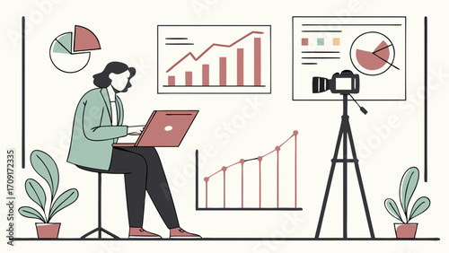 Online Presenter Recording Video with Charts and Graphs.