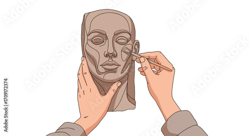 Artist meticulously sculpting a human face from clay with delicate tools bringing creative vision to life, Generative AI.
